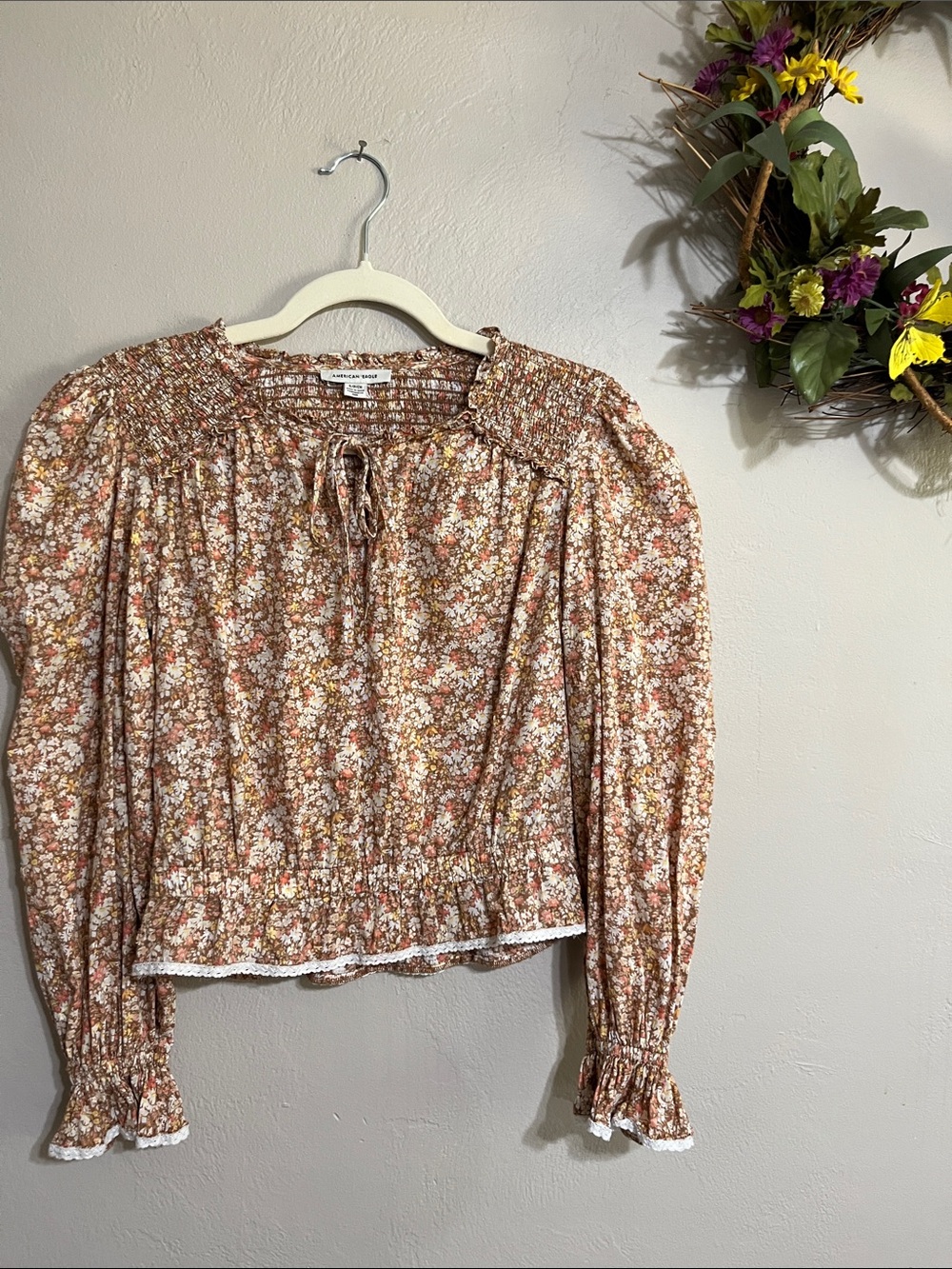 American Eagle Outfitters Rust Floral Smocked Peasant Top